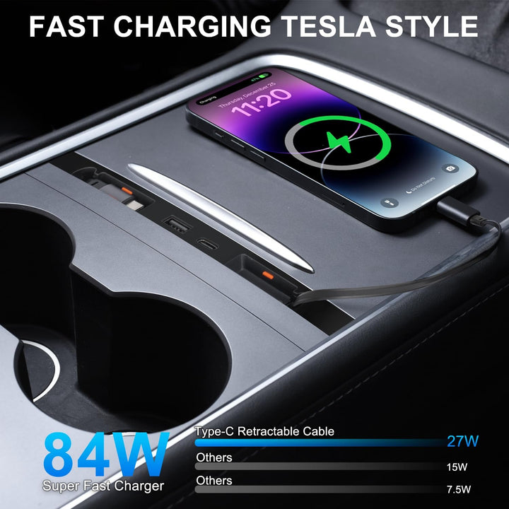 Tesla Mittelkonsole USB Hub für Model Y 2021-2024 & Model 3 2021-2023, Mehrport Auto Schnellladeadap