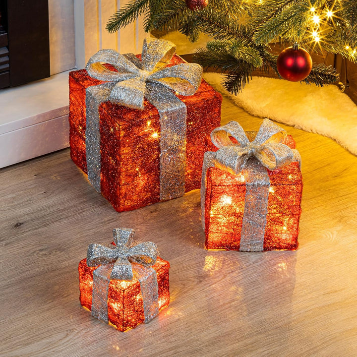 LED Geschenkboxen mit Timer 3er Set - ROT/GRAU - Weihnachts Dekoboxen warm weiss beleuchtet - Weihna