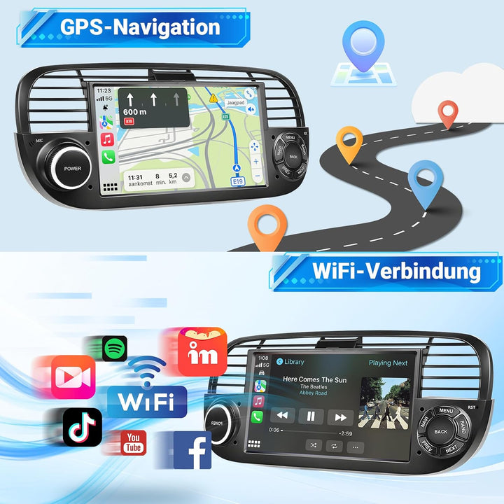ESSGOO 4+64G Wireless Autoradio Android 14 mit Carplay und Android Auto Für FIAT 500 2007-2015 mit 7