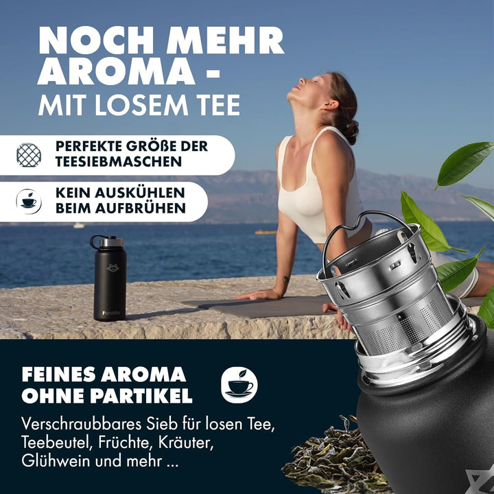 Teeflasche mit Sieb 1L – Auslaufsichere, spülmaschinenfeste Edelstahl Trinkflasche 1l (Isolierflasch