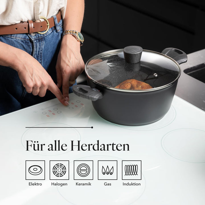FLORINA Topf aus Aluminium (4 l) | 24 cm Durchmesser | Kochtopf mit Glasdeckel - Antihaftbeschichtet