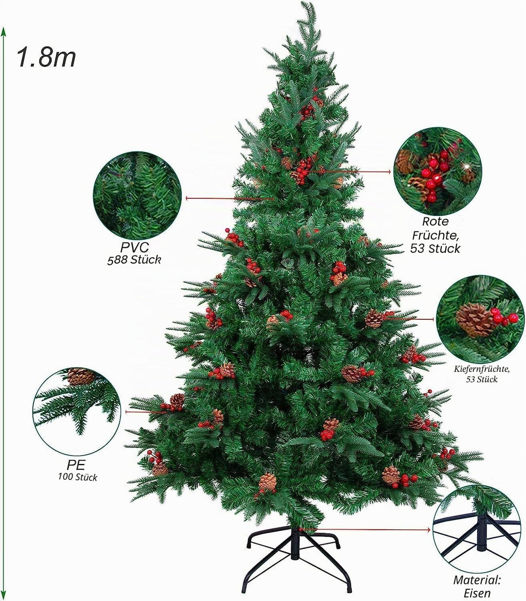 himaly Künstliche Weihnachtsbäume 180 cm mit 688 Spitzen, PVC/PE Material Naturgetreue Tannenbaum kü