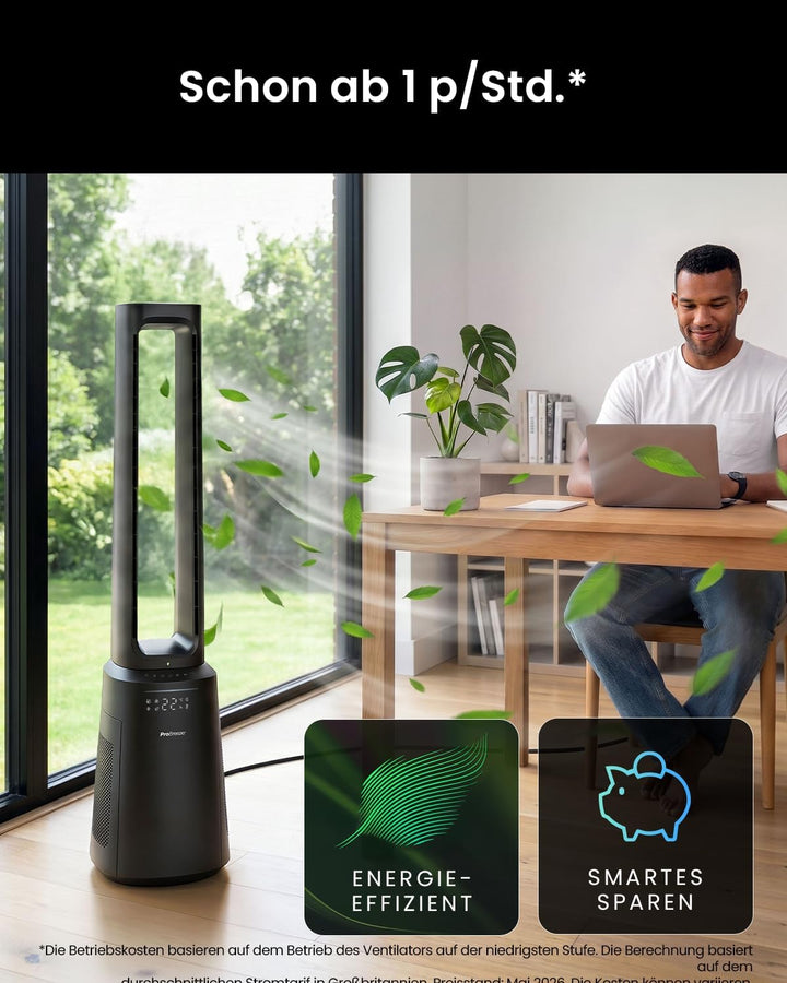 Pro Breeze OmniAir 105cm rotorloser Ventilator mit Luftreiniger - Ventilator oszillierend 75° - Fern