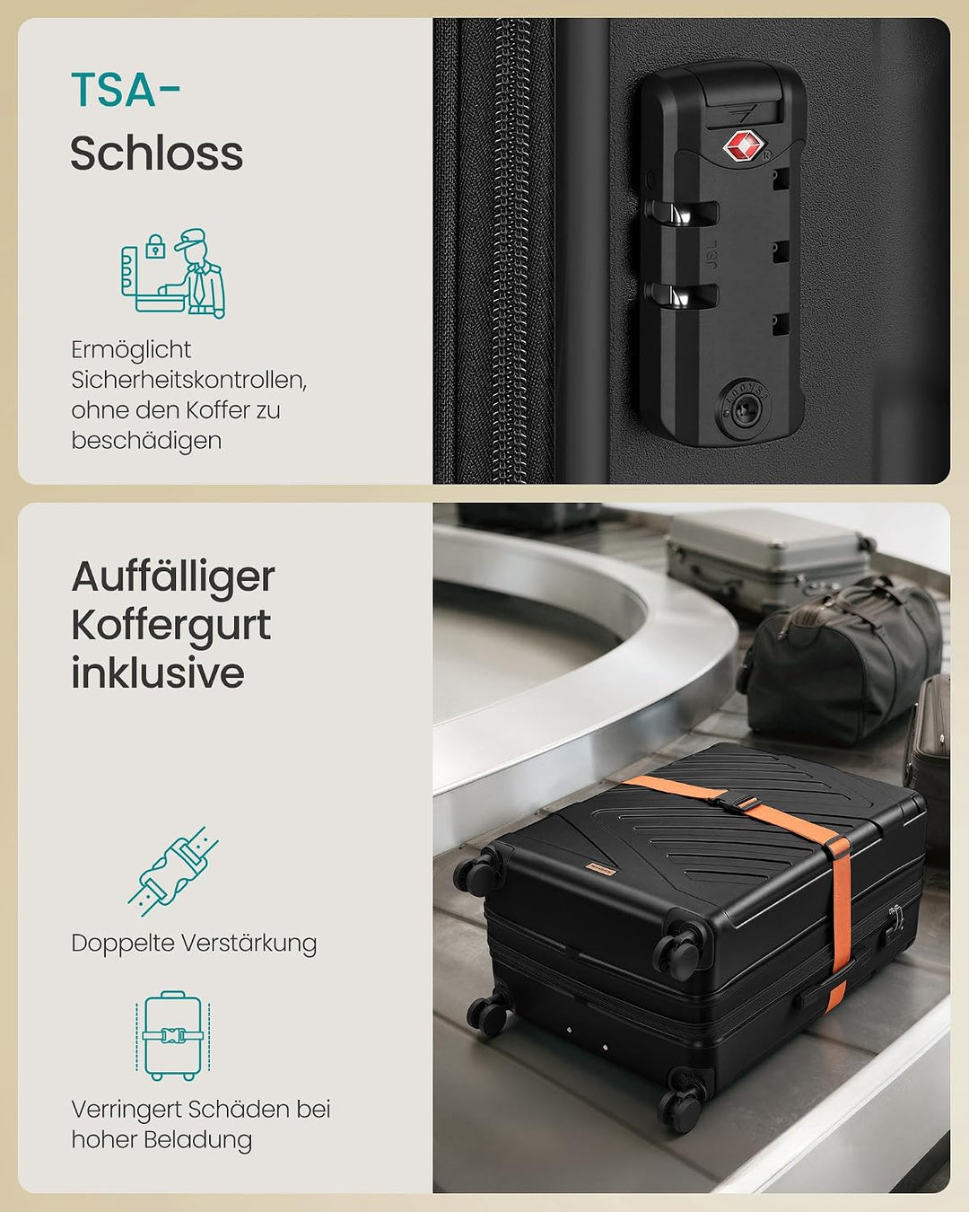SONGMICS Koffer, Reisekoffer, Hartschalenkoffer mit TSA-Schloss, Koffergurt, ABS-Trolley, 4 Zwilling
