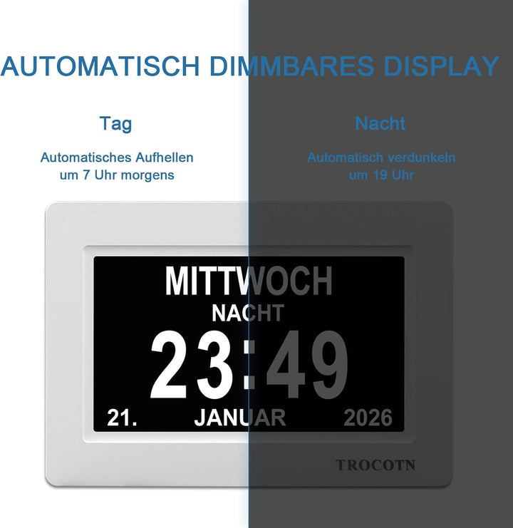 TROCOTN 7 Zoll Digitaluhr Tagesuhr Grosses Display Wecker Wanduhr (weiss) 7 Zoll Weiss, 7 Zoll Weiss