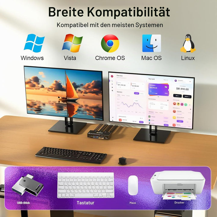 KVM Switch 3 PC 2 Monitore HDMI, EDID Emulator, USB 3.0 HDMI2.0 KVM Switch Dual Monitor 4K@60Hz für