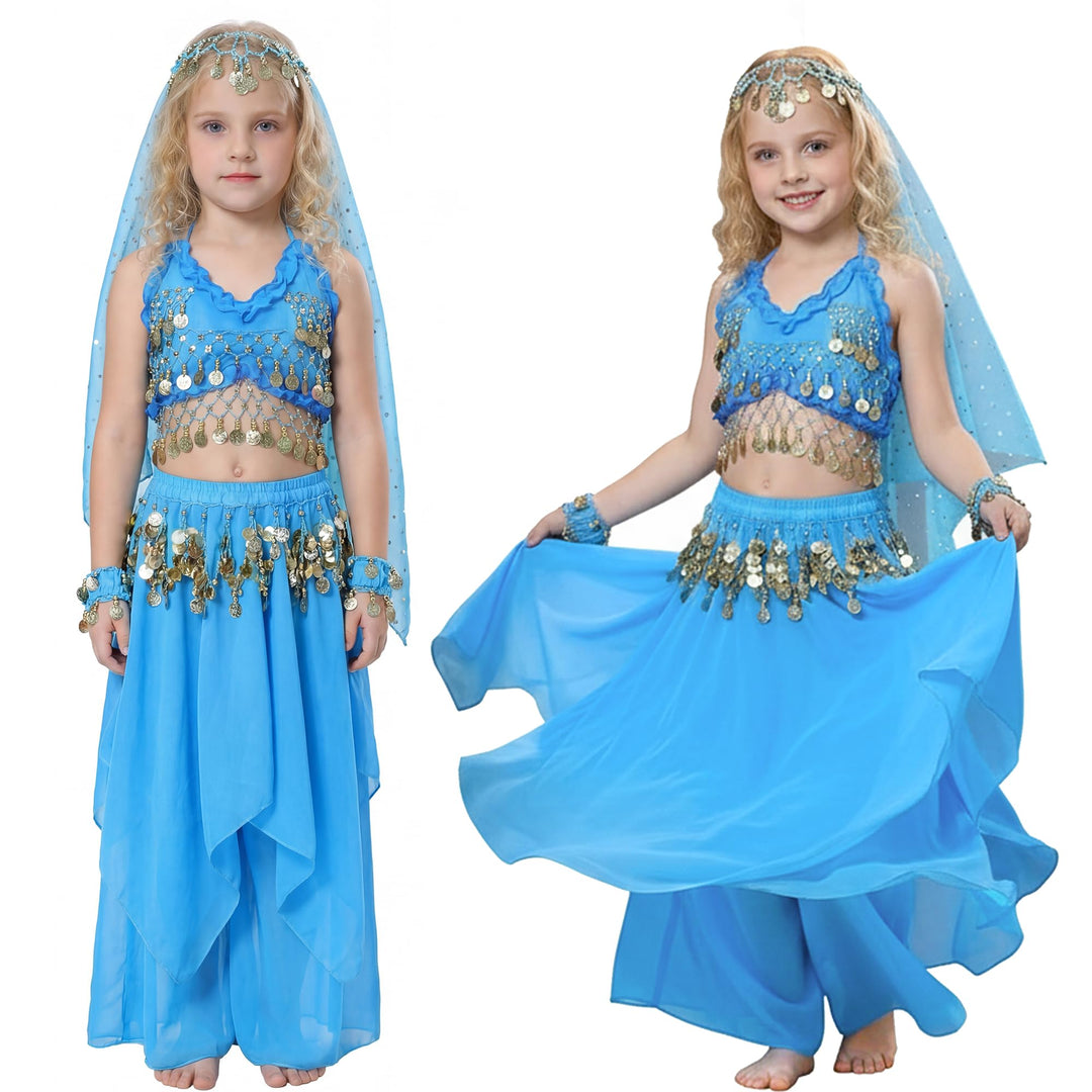 Fairycos Bauchtänzerin Kostüm Kinder 1001 Nacht Kostüme Mädchen Faschingskostüm Eisblau 152-158, Eis