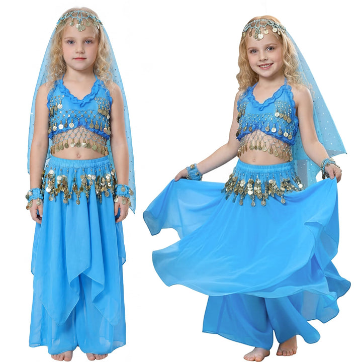 Fairycos Bauchtänzerin Kostüm Kinder 1001 Nacht Kostüme Mädchen Faschingskostüm Eisblau 128-134, Eis