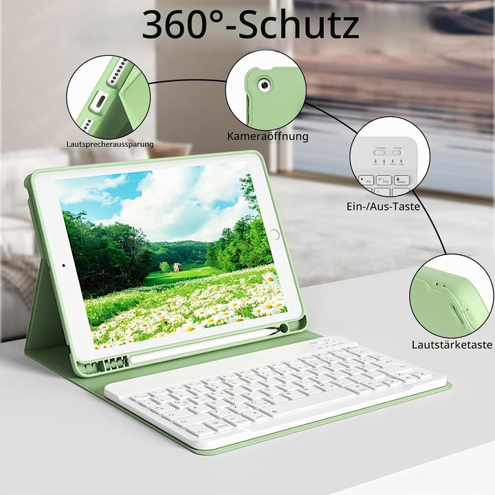 hülle mit Tastatur für iPad 9/8/7 Generation (2021/2020/2019) 10,2 Zoll, weiche TPU-Rückseite mit St