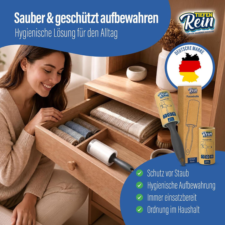 TiefenRein Fusselrolle Tierhaare &amp; Kleidung – 12er Set (1080 Blatt) 1 Griff &amp; 1 Staubschutzhülle 12