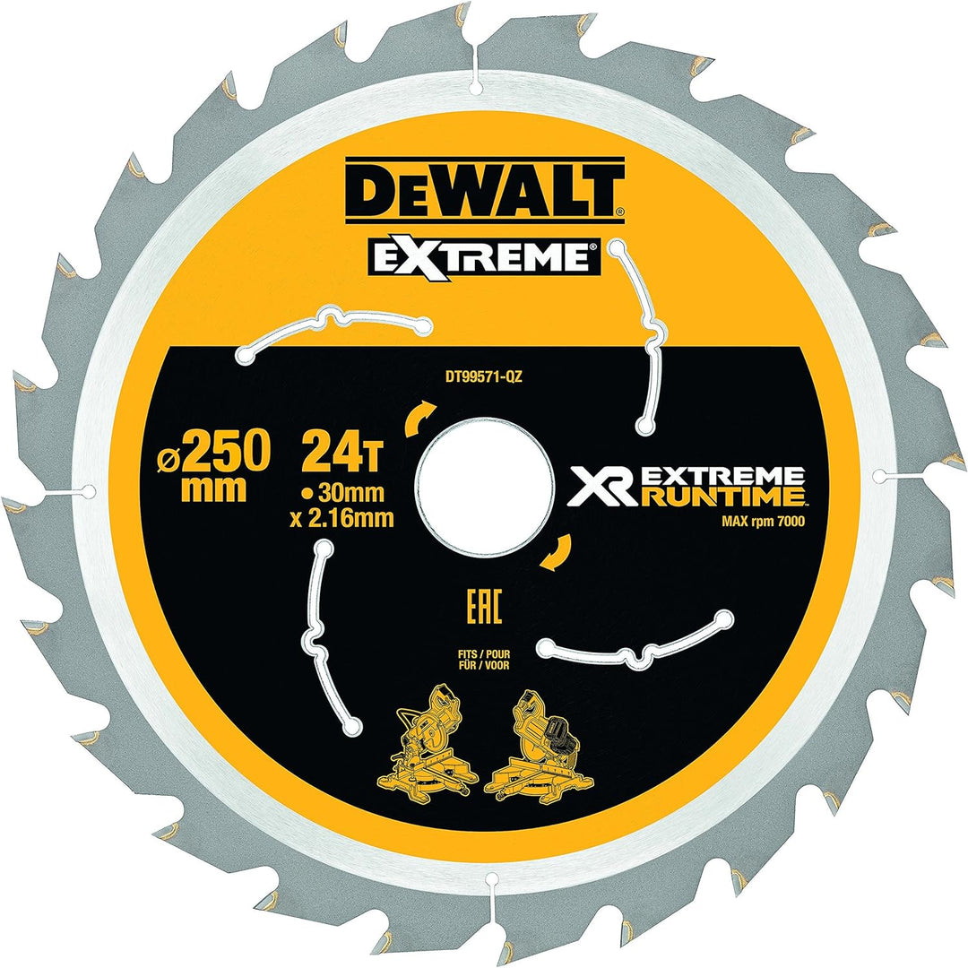 Dewalt XR Extreme Runtime Kreissägeblatt DT99571 (250/30 mm, 24 WZ/FZ, 7°, universal einsetzbar, für