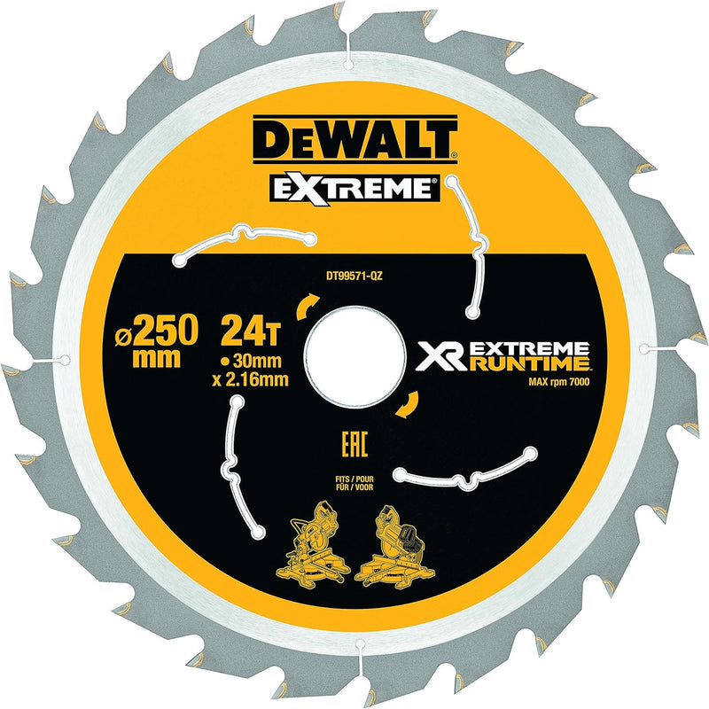 Dewalt XR Extreme Runtime Kreissägeblatt DT99571 (250/30 mm, 24 WZ/FZ, 7°, universal einsetzbar, für