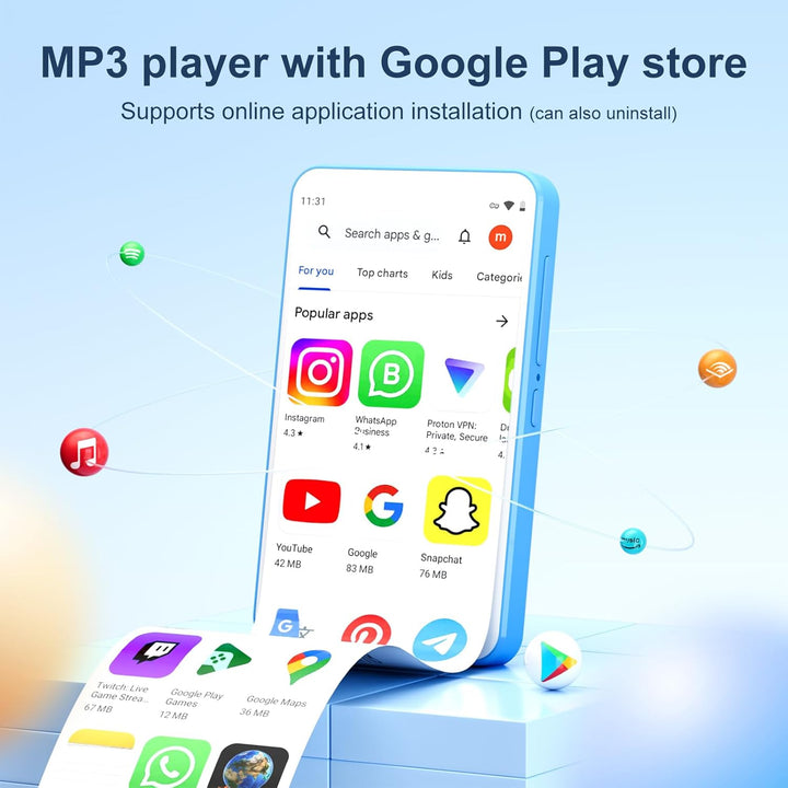 MP3 Player mit Bluetooth und WiFi, Oilsky 80GB 4 Zoll 1080P Touchscreen MP4 Player, Android 9.0, Tra