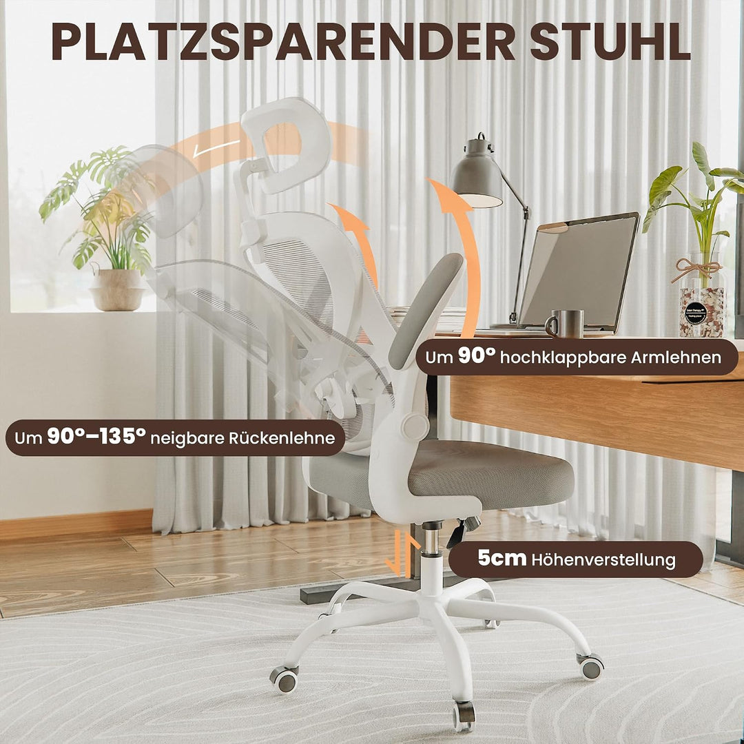 ALAULM Ergonomischer Bürostuhl mit Verstellbarer Lendenwirbelstütze und um 90° hochklappbaren Armleh