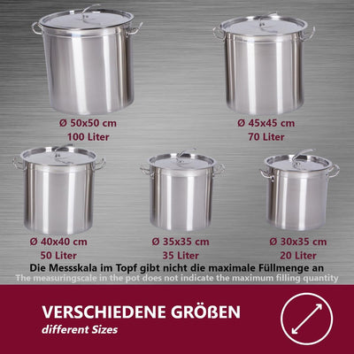 Gastronomie Kochtopf Suppentopf - 20 bis 100 Liter Edelstahl Kochtöpfe - ideal geeignet für ALLE Her