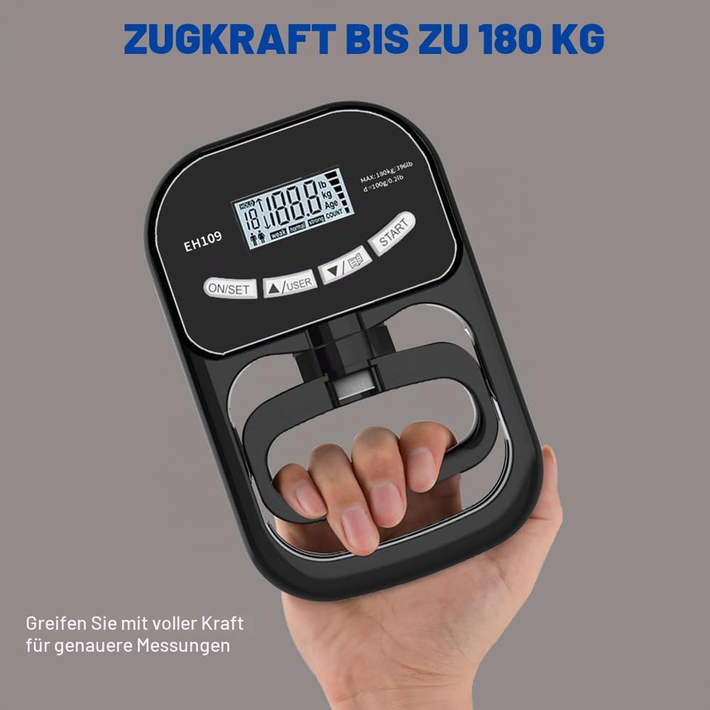 Digitaler Handkraftmessgerät, Elektronischer Hand Dynamometer 180 kg/396 lb mit USB-Ladekabel & LCD-