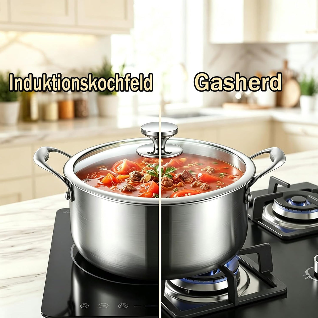 Edelstahl Suppentopf 26 cm - 4.5 Liter - Mit Glasdeckel - Induktionsgeeignet - PFAS-frei - Spülmasch
