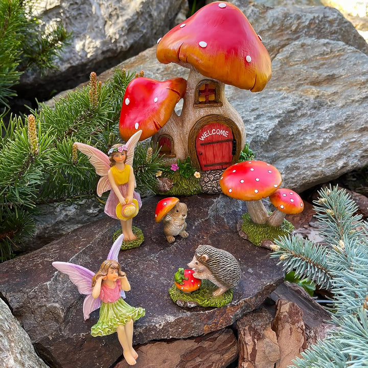 Miniatur-Set für Feengarten, Pilzhaus, 6 Stück, Figuren und Zubehör für den Aussenbereich oder als H