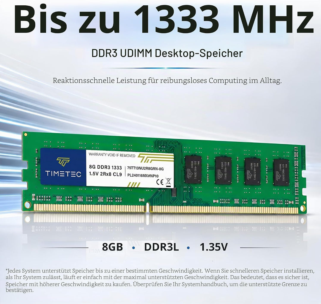 Timetec 8 GB DDR3 1333 MHz PC3-10600 Non-ECC Ungepuffert 1,5 V CL9 2Rx8 Dual Rank 240 Pin UDIMM Desk