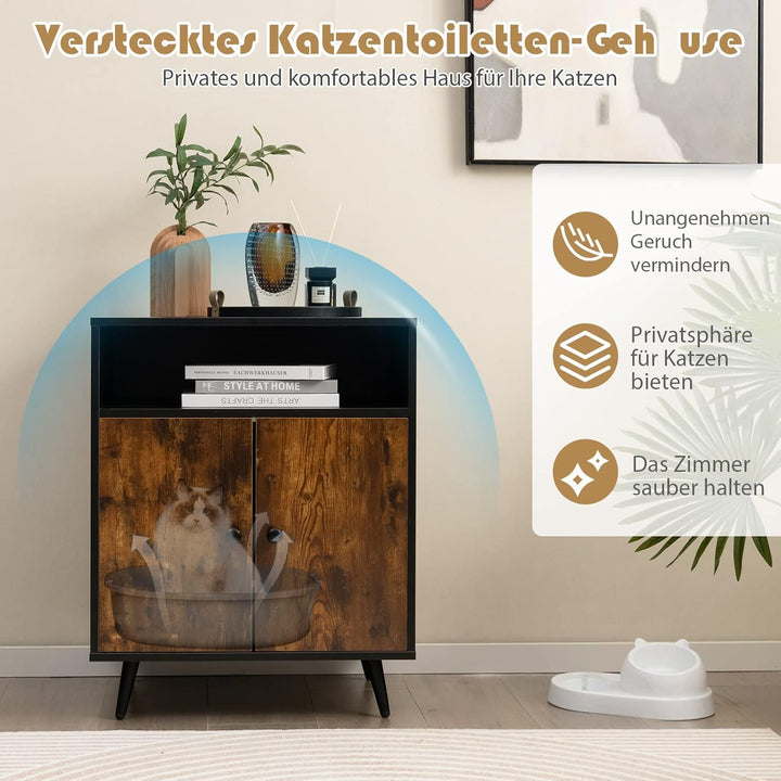 COSTWAY Katzenschrank Katzentoilette, Katzenhaus mit Doppeltüren & Eingang & offenem Regal, Katzenhö