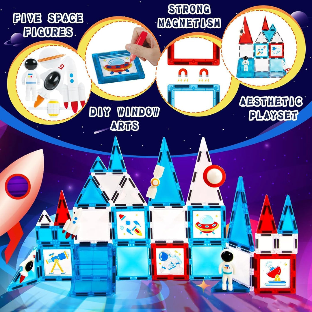 Magnetische Fliesen Space-Thema, 3D Magnetbausteine Weltraum-Serie mit DIY Mal-Set, STEM Lernspielze