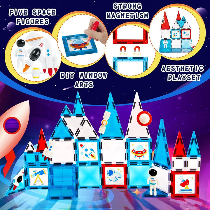 Magnetische Fliesen Space-Thema, 3D Magnetbausteine Weltraum-Serie mit DIY Mal-Set, STEM Lernspielze