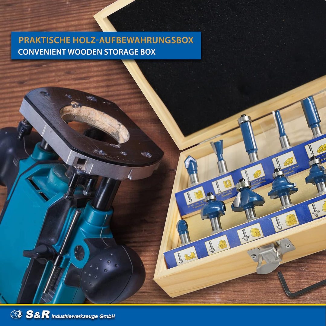 S&R Holzfräser-Set HM 15-tgl., Holzfräs-Bits für 8mm Schaft, Holzkoffer, geschmiedeter Werkzeugstahl