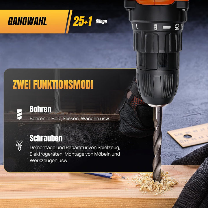 Akku-Bohrmaschine 21V Akkuschrauber Set mit 1.5 Ah Akku, Akku Bohrschrauber Set 25+1 Drehmomentstufe