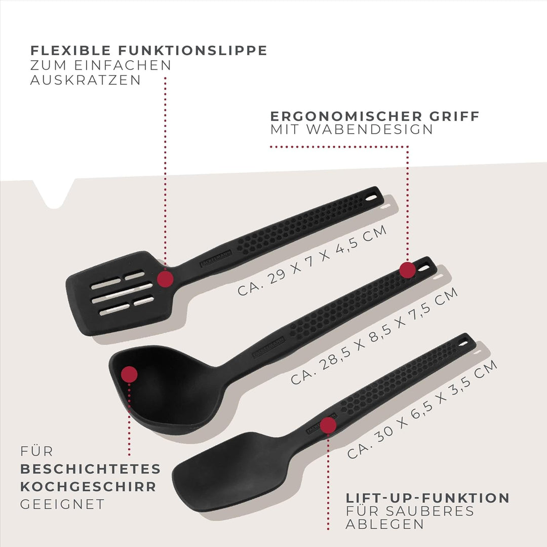 FACKELMANN Statement Silikon Küchenhelfer-Set 3er Pack – Schlitzwender, Servierlöffel & Schöpflöffel