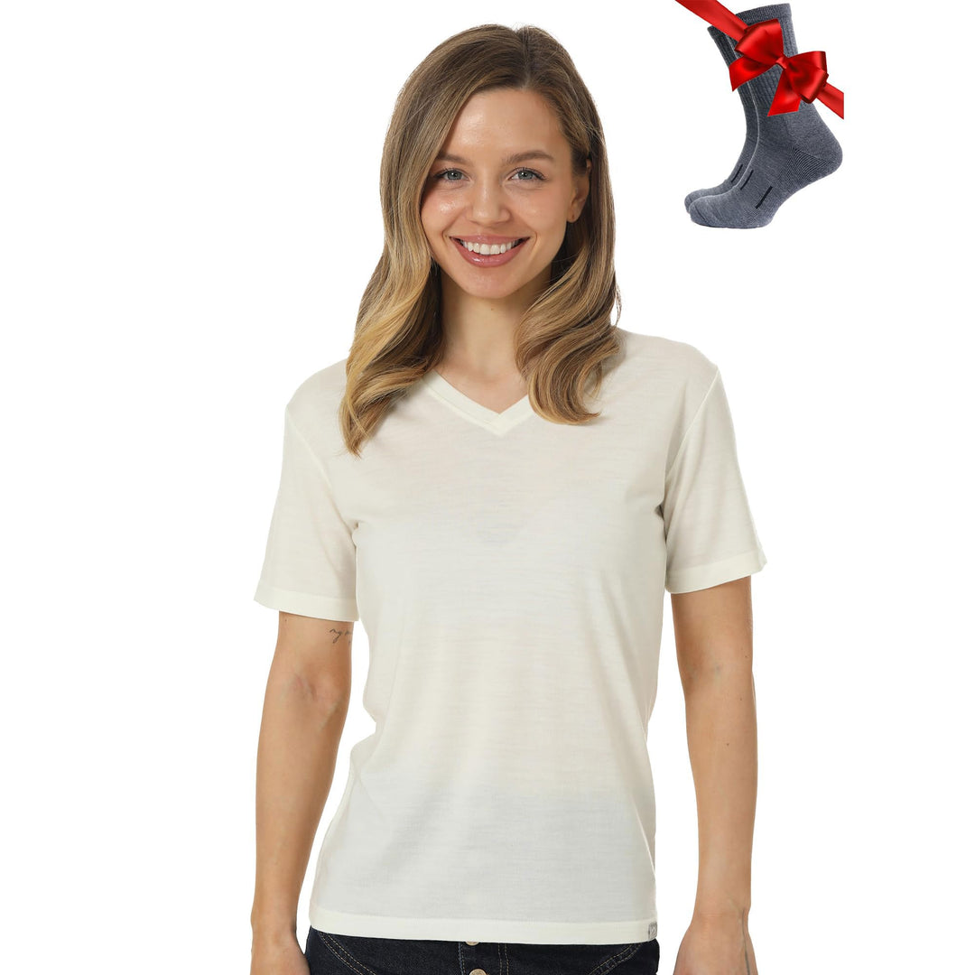 100% Merino Shirt Damen V-Ausschnitt - Merino Unterwäsche Damen - Sportshirt Wandershirt Schnell Tro