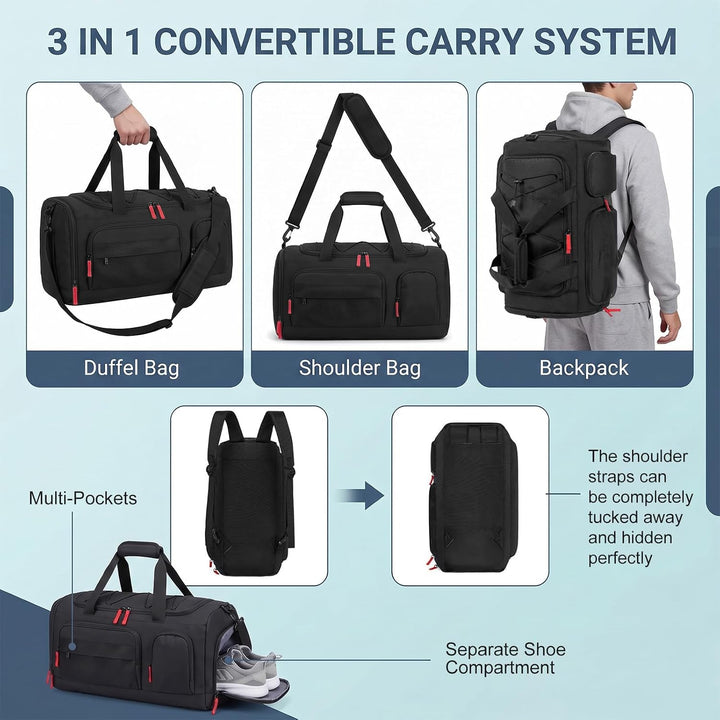 40L Sporttasche für Herren &amp; Damen 3-IN-1 Reisetasche mit Schuhfach und Nassfach als Rucksack tragba