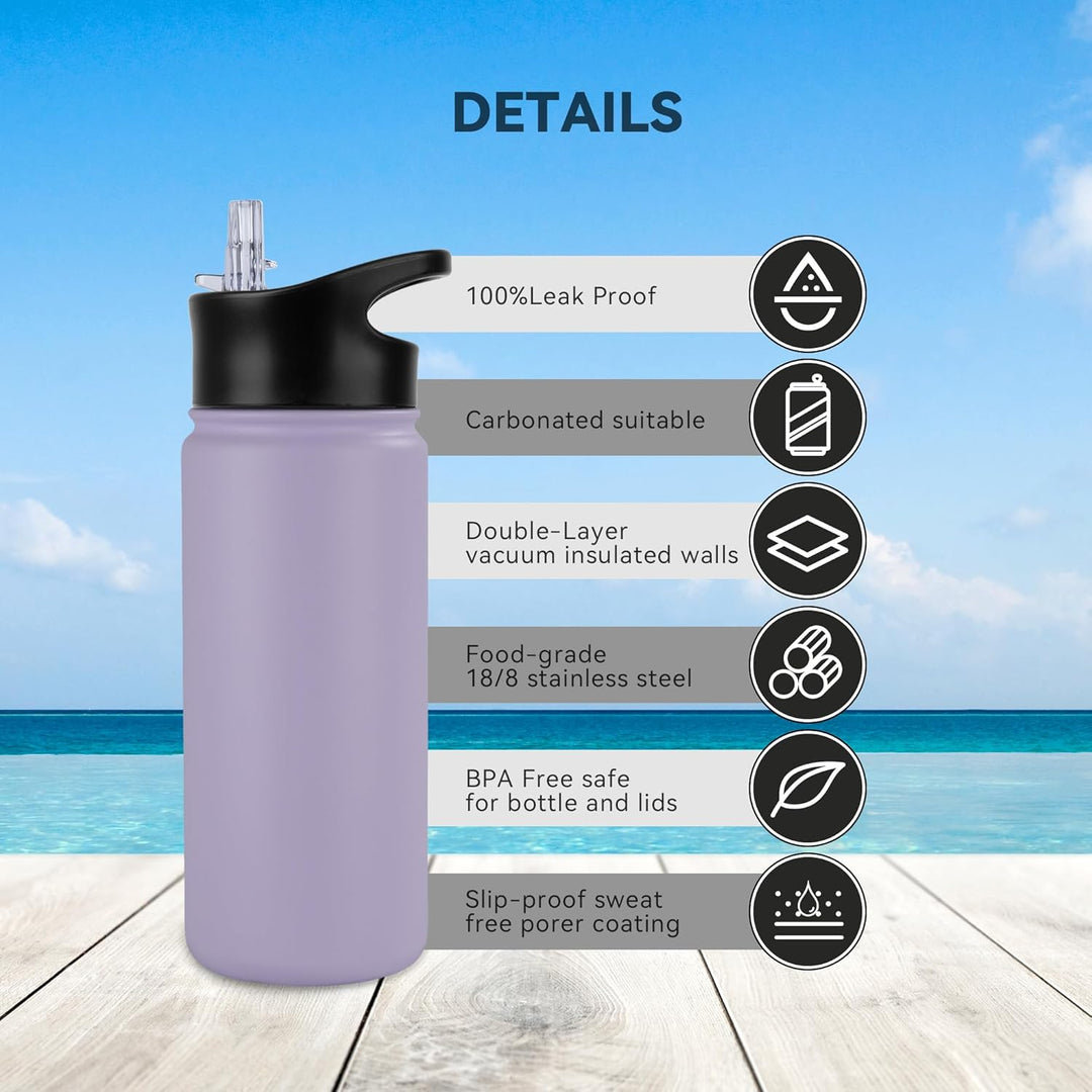 Edelstahl Trinkflasche - 500ml - mit Strohhalm,Auslaufsicher,Kohlensäure Geeignet,BPA frei Thermosfl