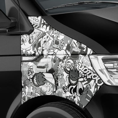 500x150cm Stickerbomb Auto Folie in schwarz/weiss Matt - Sticker Logo Bomb - JDM Aufkleber - Design: