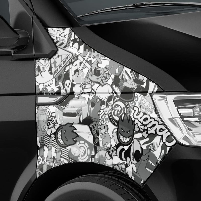 500x150cm Stickerbomb Auto Folie in schwarz/weiss Matt - Sticker Logo Bomb - JDM Aufkleber - Design: