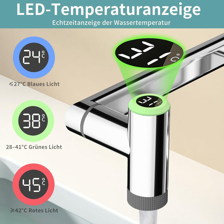 Einloch Waschtischarmatur mit Temperaturanzeige, Einhand Armatur Badezimmer, 1080° schwenkbare Badar