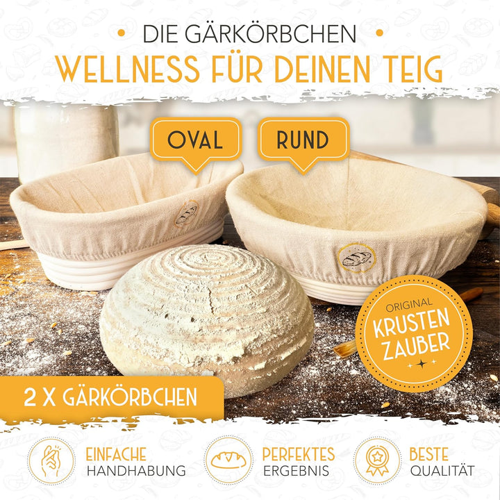 KRUSTENZAUBER 2er Set Gärkörbchen & 600ml Sauerteig Starter Set im Vorteilspack - Gärkörbe aus Ratta