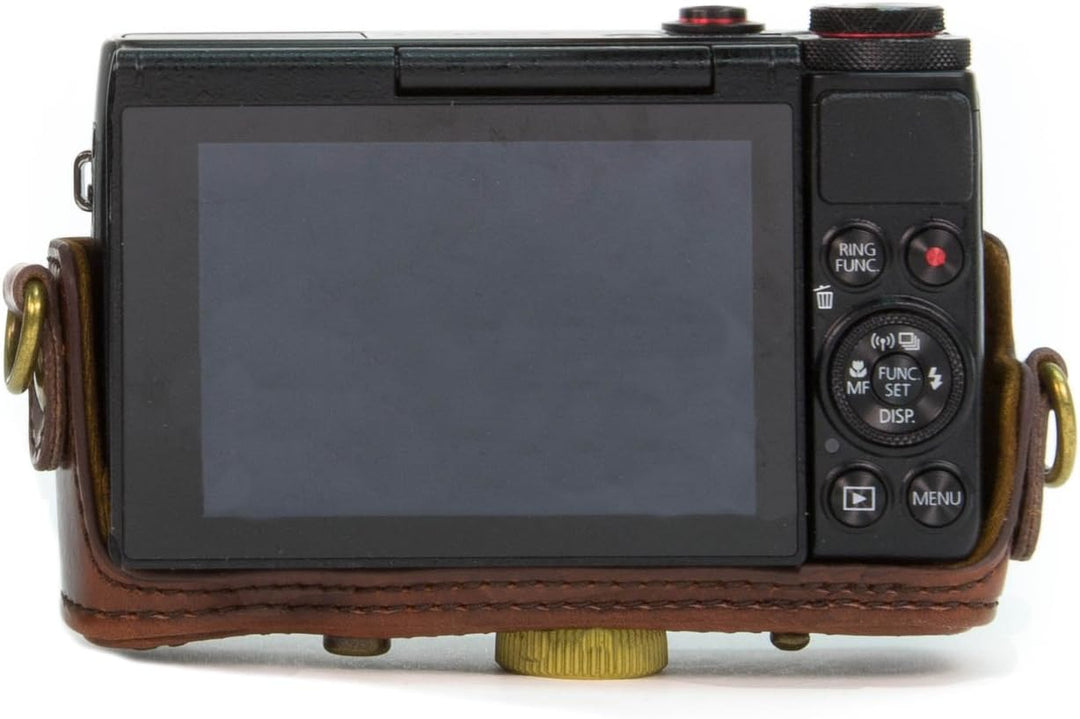 MegaGear Ever Ready Leder Kameratasche mit Trageriemen kompatibel mit Canon PowerShot G7 X Dunkelbra