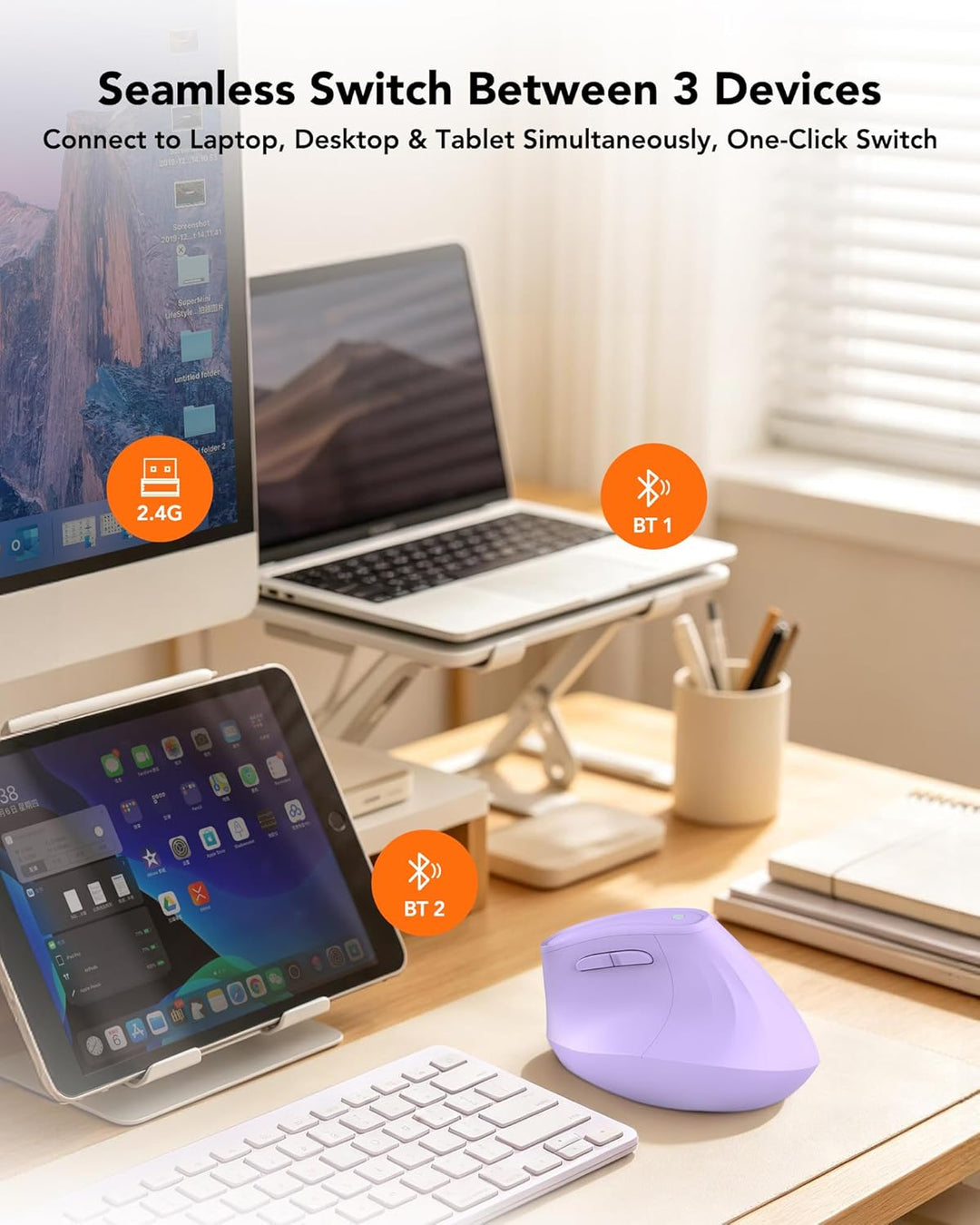 KYSONA Vertikale Ergonomische Maus 57°, Kabellos Bluetooth & 2,4 GHz, 5 DPI-Stufen, Leise Klicks, Ha