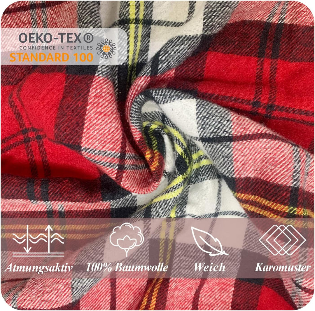 Mnemo Home Damen Schlafanzug Lang Flanell Pyjama Damen 100% Baumwolle aus Flanell Rot-weiss und Schw