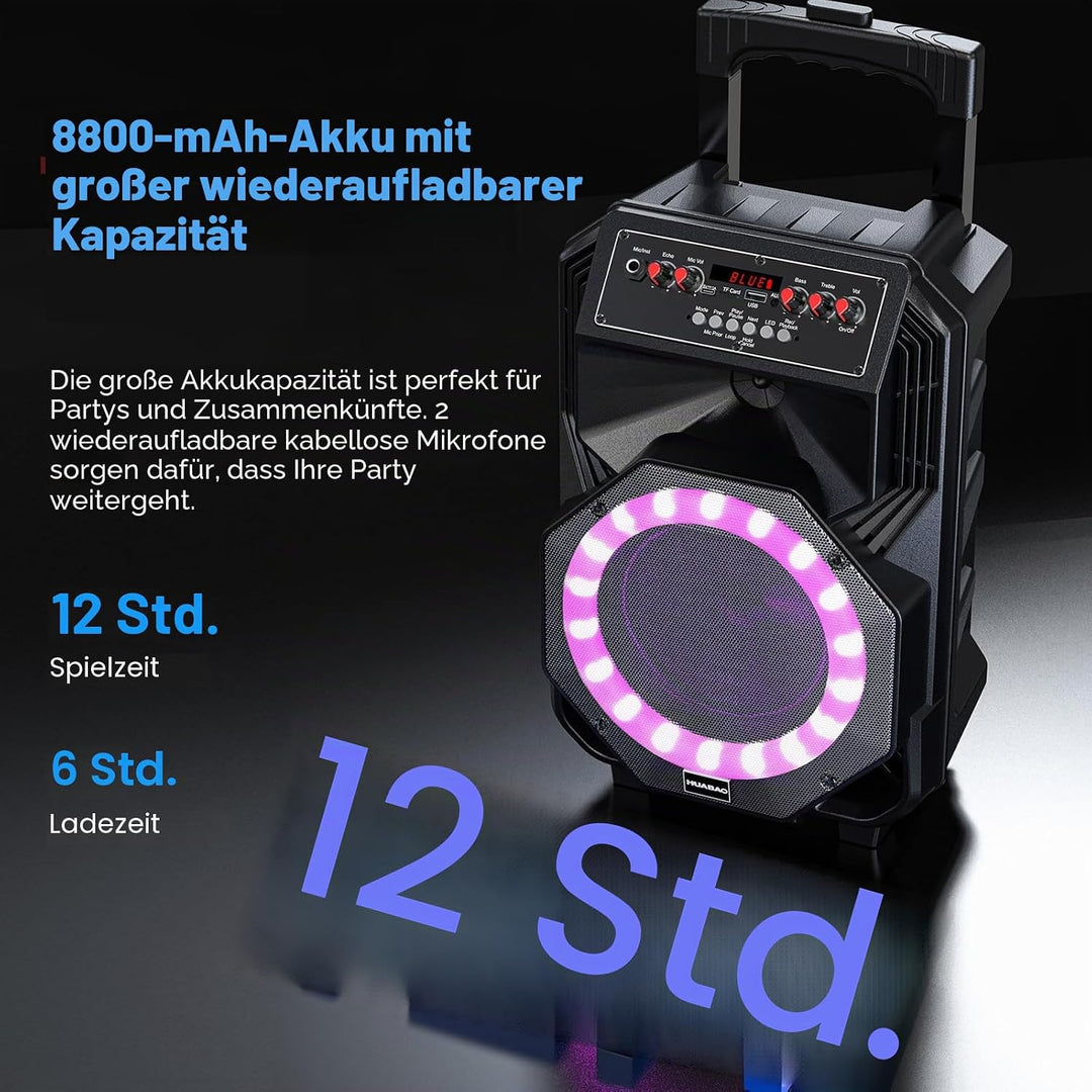 Karaoke-Maschine mit 2 drahtlosen Mikrofonen, rollenden Rädern und Trolley - 8800mAh tragbarer Bluet