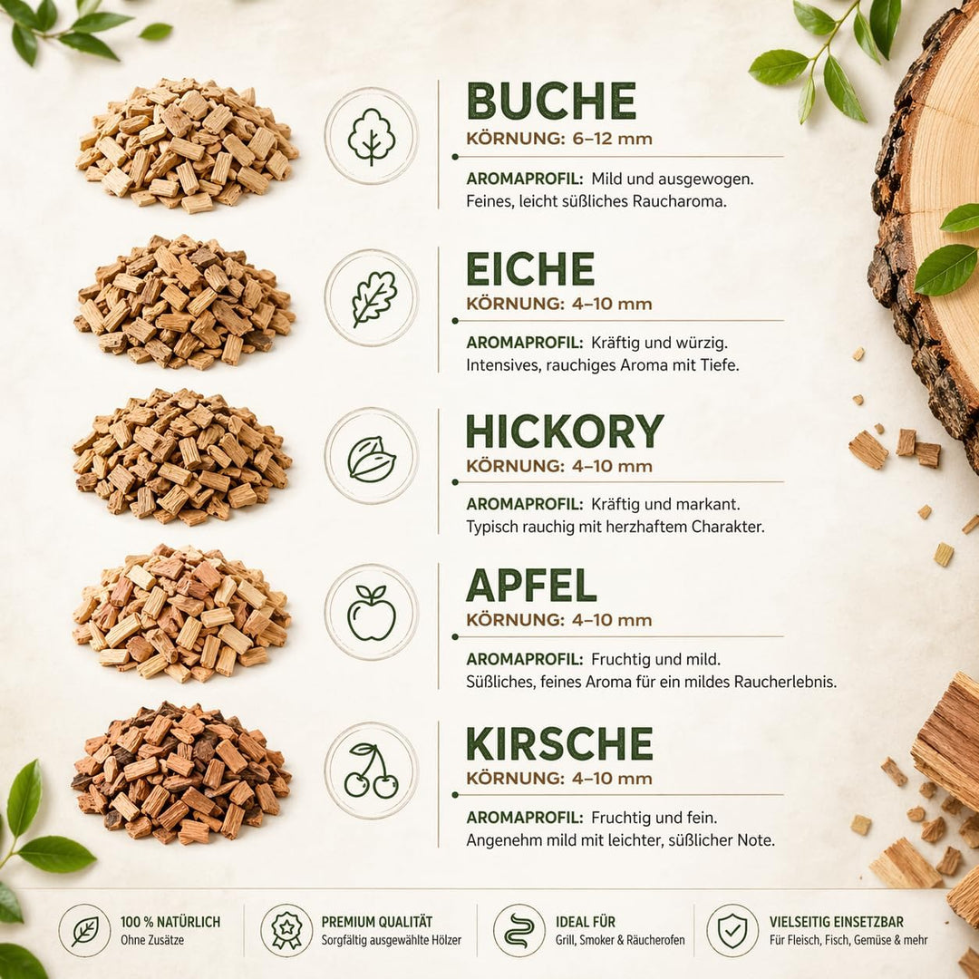 Bergfeld BBQ – Räucherbox-Set inkl. 5 Sorten Räucherchips (Apfel, Kirsch, Hickory, Buche, Eiche; je