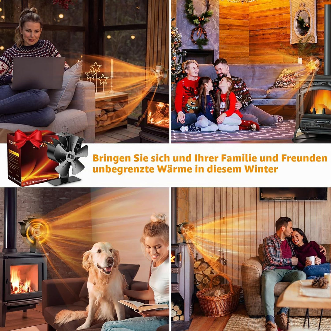 Kaminventilator, Ofenventilator Ohne Strom mit 5 Flügel, Kaminofen Ventilator für Holzofen, Leiser B
