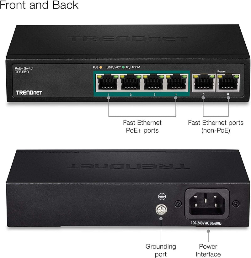 TRENDnet TPE-S50 6-Port Fast-Ethernet-PoE + -Switch, 4 x Fast-Ethernet-PoE + -Ports, 2 x Fast-Ethern