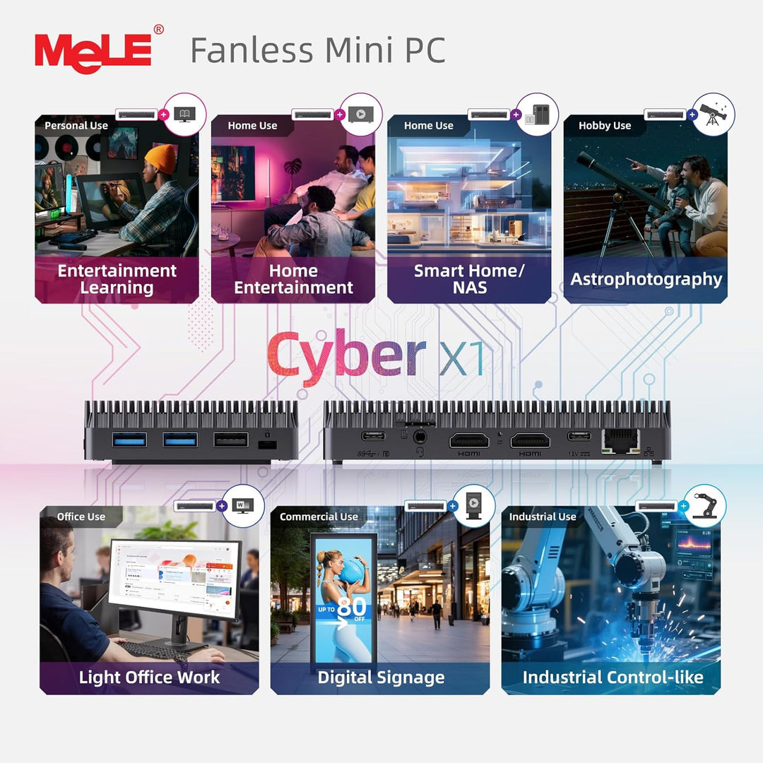 MeLE Mini-PC ohne Lüfter, Cyber X1 N150, 16 GB RAM, 512 GB SSD, USB-C voll funktionsfähig mit USB PD