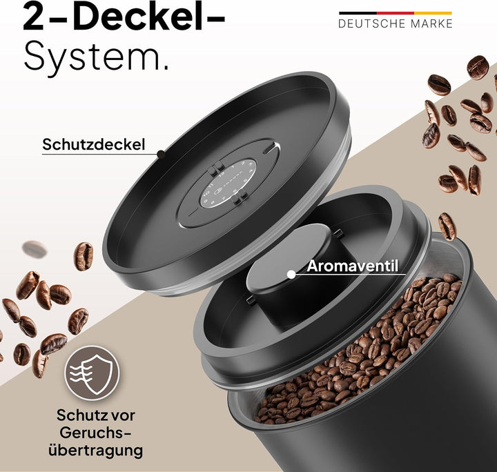 JODORA Kaffeedose Luftdicht 1KG Bohnen aus hochwertigen Edelstahl mit innovativem Vakuumverschluss -