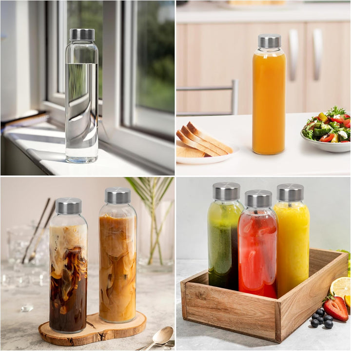 Winter Shore 500 ml Wiederverwendbare Wasserflasche Glas mit Edelstahlkappe [6er-Pack] - Durchsichti