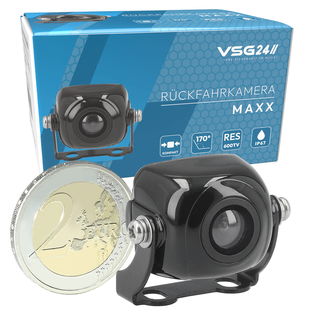 VSG24 23141 – Mini Rückfahrkamera, Kleine Kamera inkl. Verlängerungskabel, Distanzlinien-Anzeige, Fl