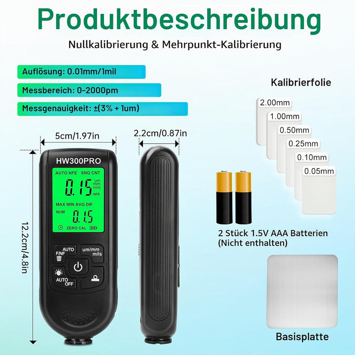 Digitales Schichtdickenmessgerät,Lackschichtenmesser Messbereich 0–2000μm mit Trageschlaufe zur Mess