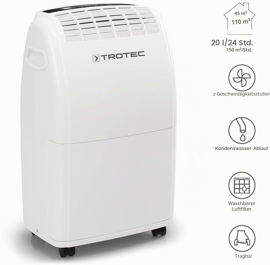 TROTEC Raumentfeuchter elektrisch TTK 75 E – Leistung 20 L/Tag – Fläche 45 m² / 110 m³ – Entfeuchtun