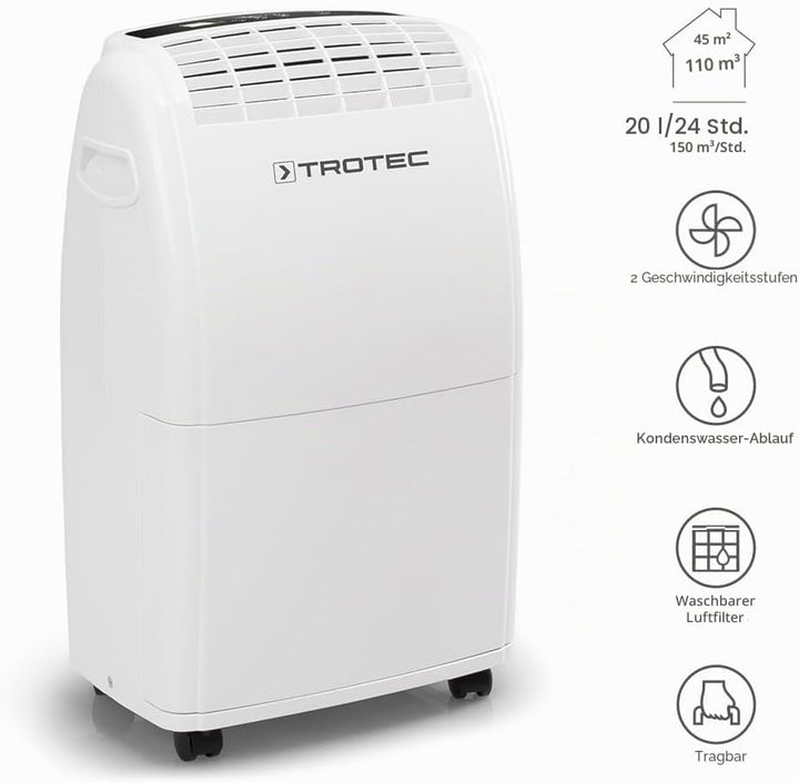 TROTEC Raumentfeuchter elektrisch TTK 75 E – Leistung 20 L/Tag – Fläche 45 m² / 110 m³ – Entfeuchtun